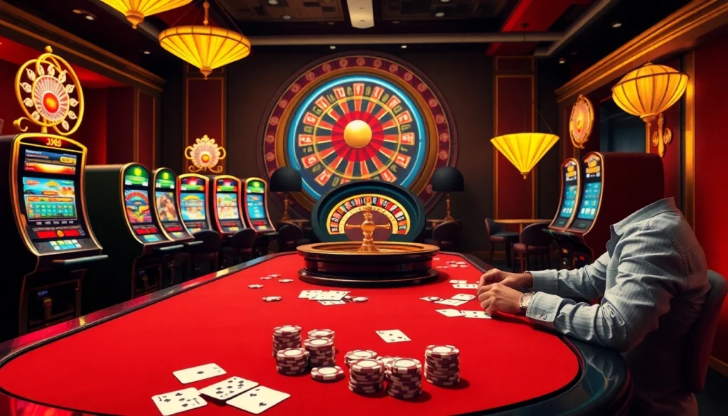 Experience the thrill of j88.com with an engaging casino scene featuring poker players, vibrant slot machines, and roulette.