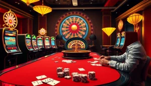 Experience the thrill of j88.com with an engaging casino scene featuring poker players, vibrant slot machines, and roulette.