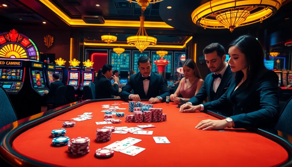 Players strategizing at a glamorous poker table with cards and chips, highlighting gilajp's online gambling excitement.