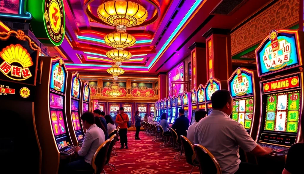 Nổ Hũ Đường Mạt Chược action showcasing players winning on Mahjong-themed slot machines in a vibrant casino.