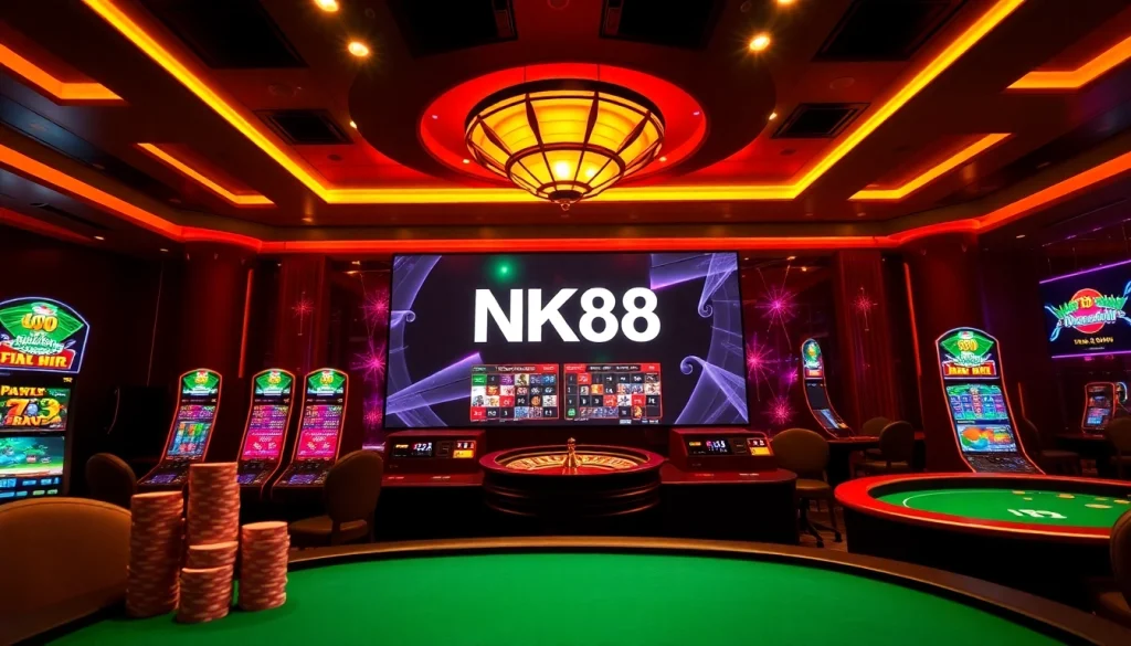 Engaging NK88 online casino scene with vibrant slot machines and poker tables.