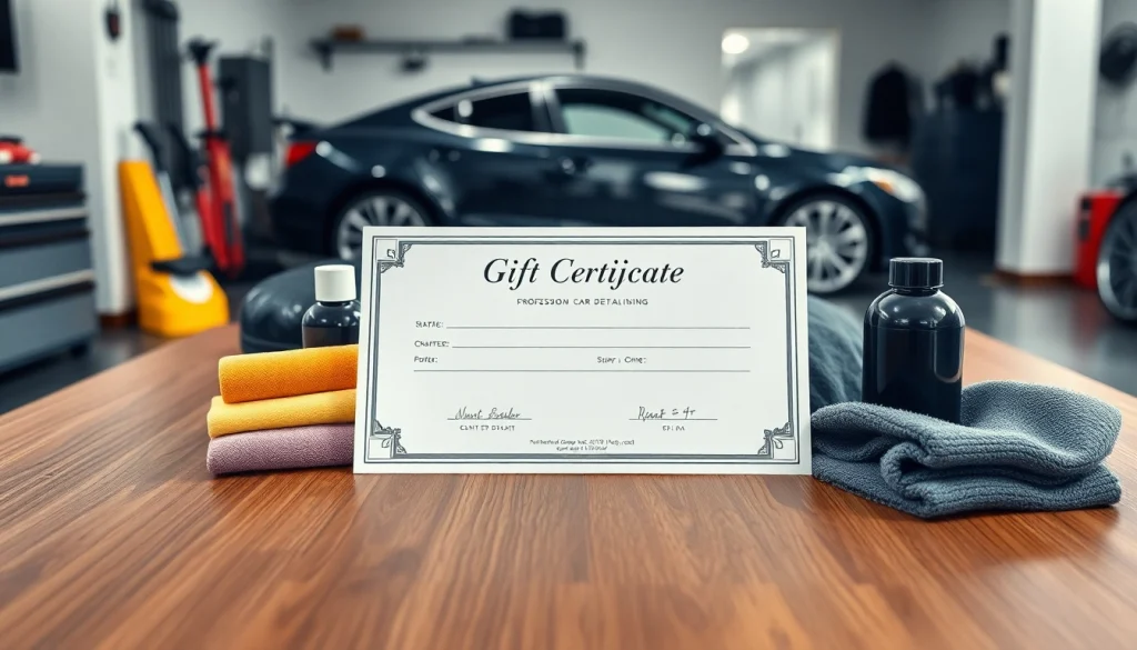Present a car detailing gift certificate artistically arranged with premium car care items.