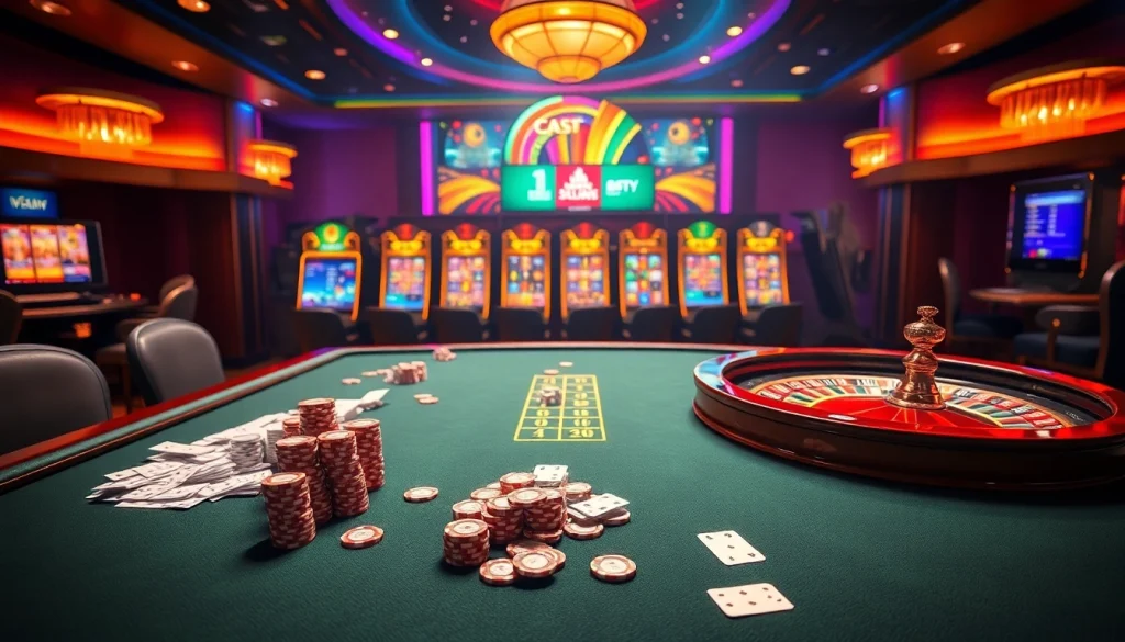 Engaging gambling scene at Nhà cái OKFUN with vibrant tables, poker chips, and exciting slot machines.