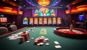 Engaging gambling scene at Nhà cái OKFUN with vibrant tables, poker chips, and exciting slot machines.