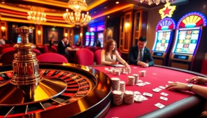 Players celebrating their wins at the luxurious casino with s88vip-themed slot machines and poker tables.