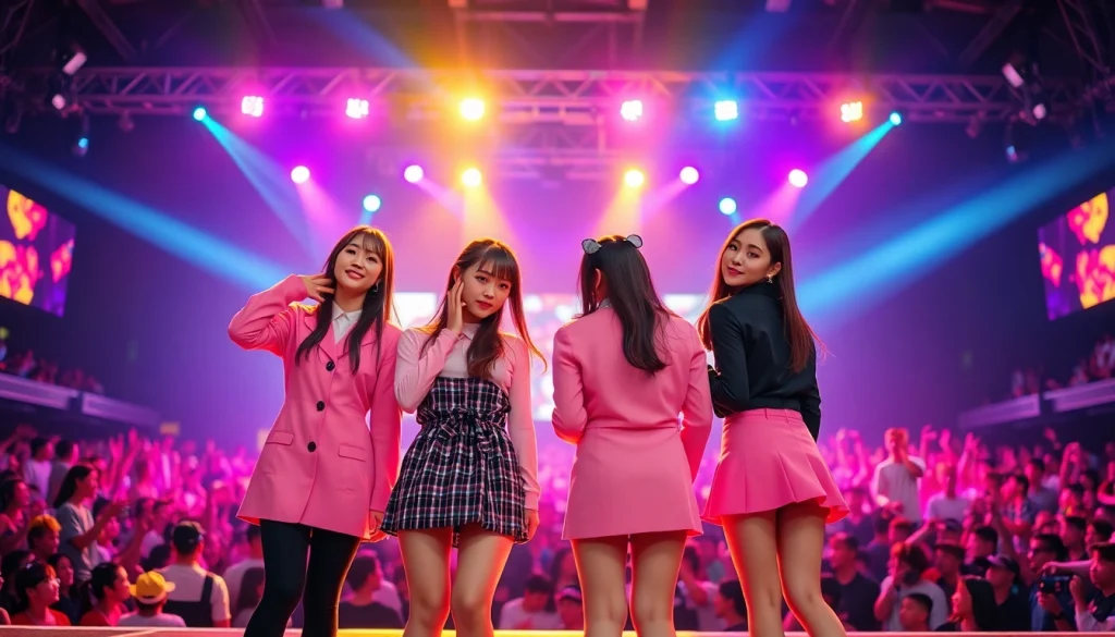 blackpink members Jisoo, Jennie, Rosé, and Lisa posing energizingly at a concert.