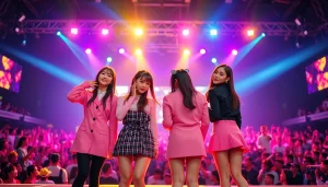 blackpink members Jisoo, Jennie, Rosé, and Lisa posing energizingly at a concert.