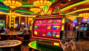 Nikmati permainan kasino yang mendebarkan dengan deposit pulsa tanpa potongan, menampilkan mesin slot yang berwarna-warni dan meja permainan yang dinamis.