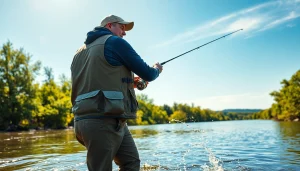 Angler wearing fly fishing apparel casting a line in a serene riverside setting.