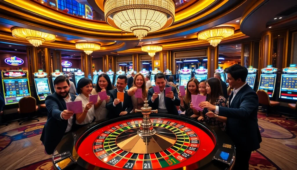Excited gamblers placing bets at a luxurious SC88 casino roulette table.