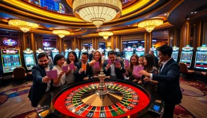 Excited gamblers placing bets at a luxurious SC88 casino roulette table.