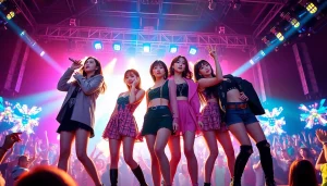 blackpink members performing energetically on stage with vibrant lights and a lively audience.