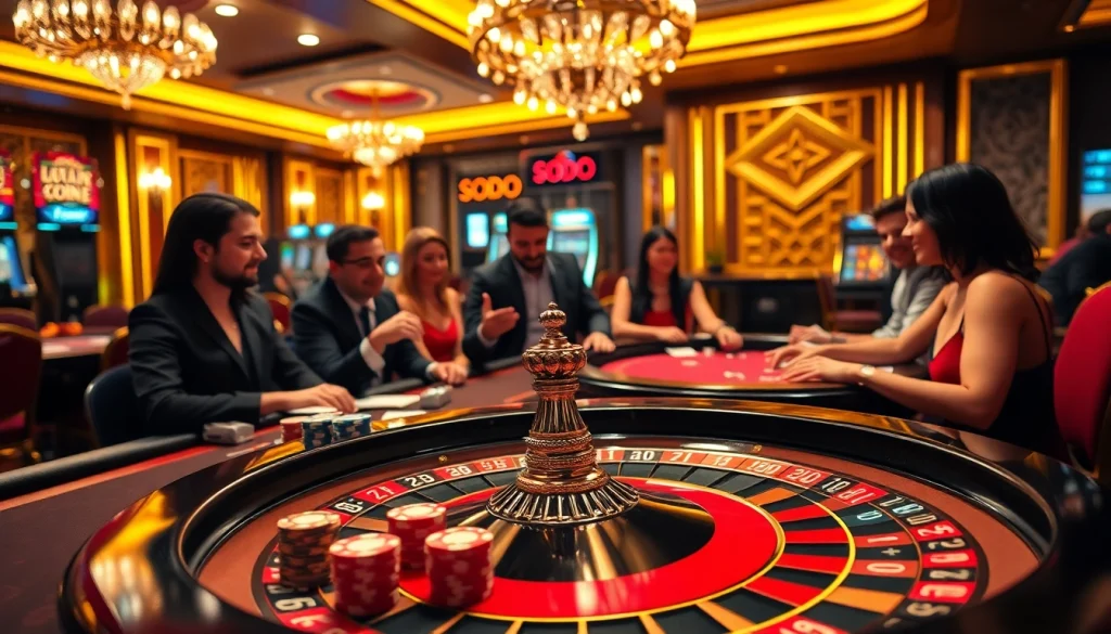 SODO casino excitement with players at a poker table surrounded by vibrant chips and a roulette wheel.