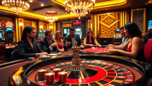 SODO casino excitement with players at a poker table surrounded by vibrant chips and a roulette wheel.