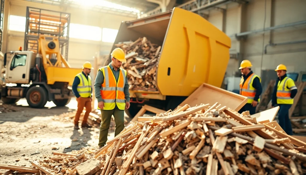 Construction debris removal in action at a busy construction site with professional workers.