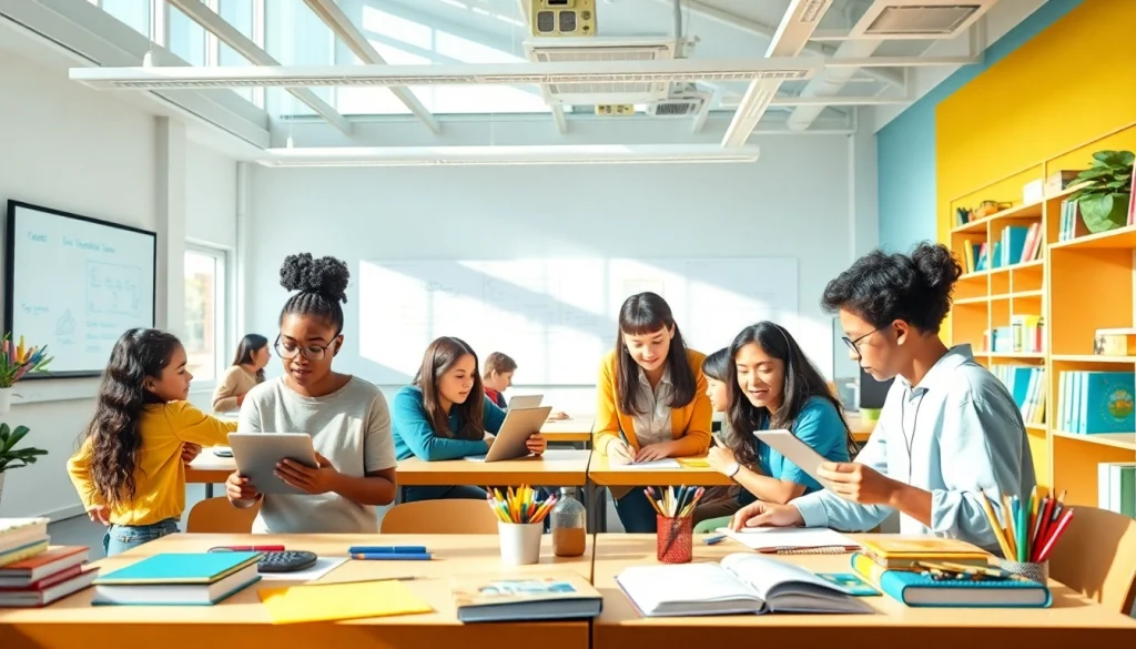 Engaged students in a modern education setting, highlighting innovative learning through collaboration and technology.