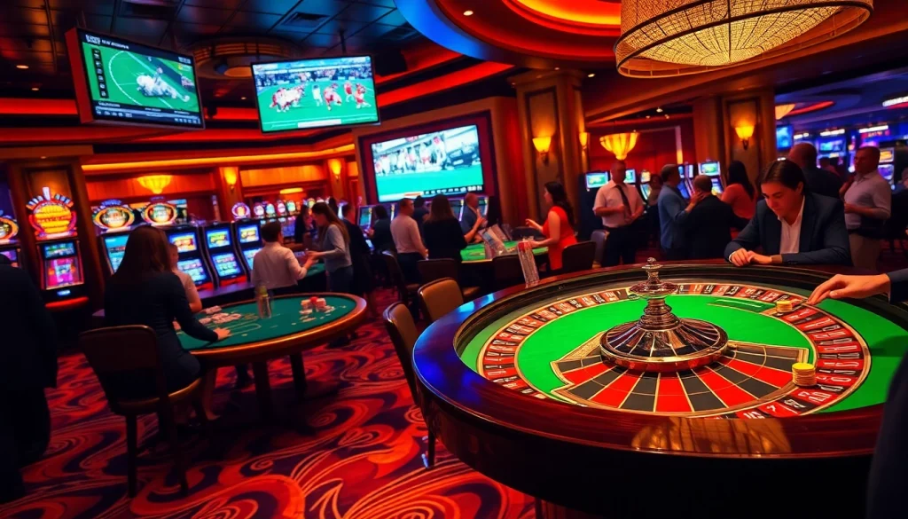 Players enjoying the luxury of SODO Casino with vibrant roulette and slot machines.