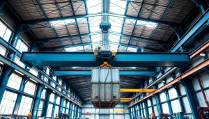 Bridge crane lifting a heavy load in an industrial warehouse, showcasing its strength and reliability.