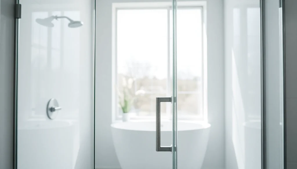 Elegant glass shower doors in a modern bathroom, highlighting sleek design and clarity.
