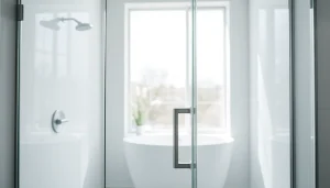 Elegant glass shower doors in a modern bathroom, highlighting sleek design and clarity.