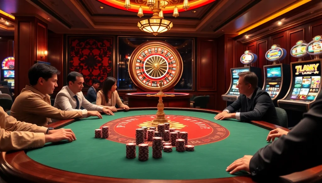 Players strategizing at a poker table in a luxury casino setting at https://lc88m.com/, showcasing excitement and sophistication.