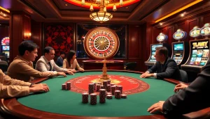 Players strategizing at a poker table in a luxury casino setting at https://lc88m.com/, showcasing excitement and sophistication.