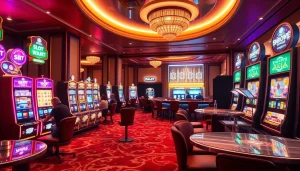 Para pemain menikmati slot deposit pulsa tanpa potongan di kasino mewah, dikelilingi mesin-mesin slot berwarna-warni.