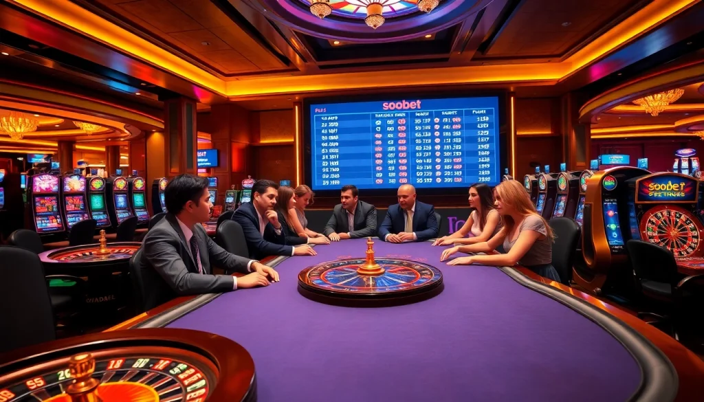 Engaging gamblers enjoying sbobet bettings at a vibrant casino table with roulette and slot machines.