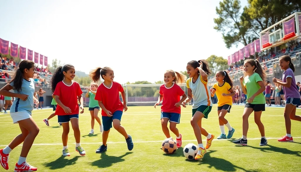 Girls enjoying Multi Sports Camps for Girls, showcasing teamwork and athleticism in a lively setting.