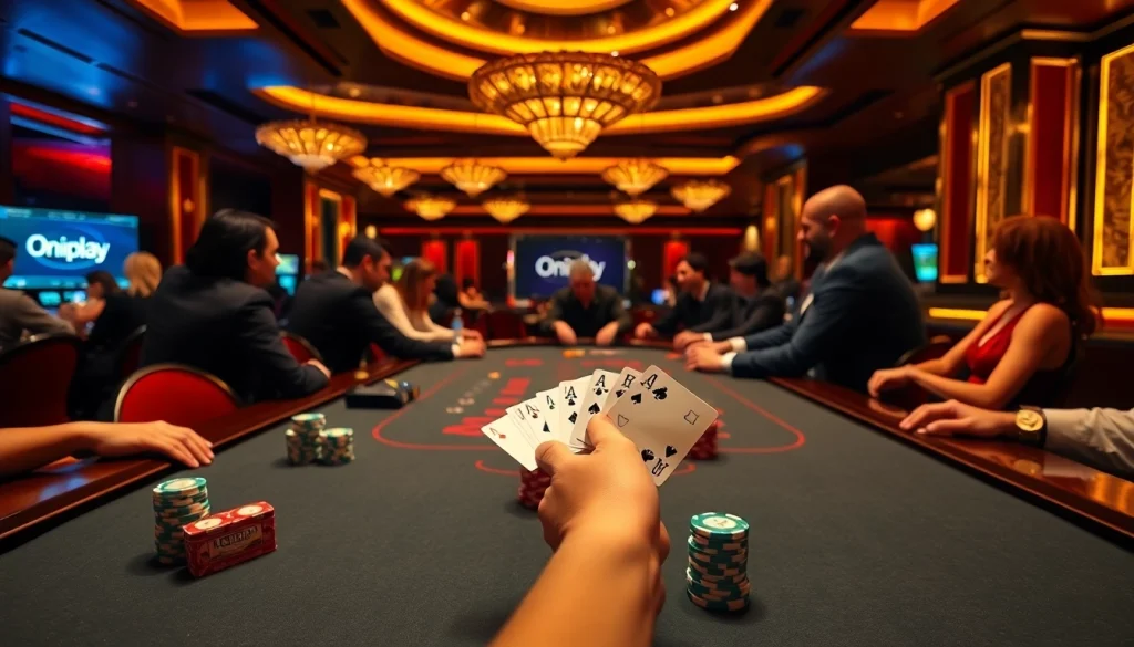 Experience thrilling gameplay with Onicplay at a luxurious blackjack table in a vibrant casino setting.