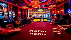 Nohu-themed casino scene featuring intense gameplay with vibrant poker tables and colorful slot machines.