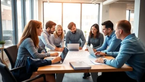 Construction advocacy Carolinas team discussing project plans in a collaborative office setting.