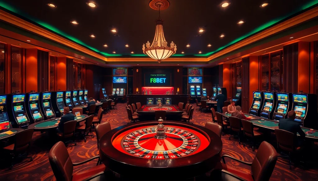 Experience the excitement of gambling at F8BET, featuring poker tables and a roulette wheel.