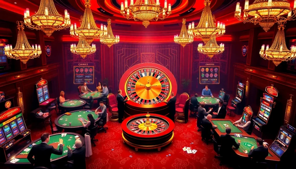 Players enjoying thrilling games at 555win casino with vibrant roulette and poker tables.