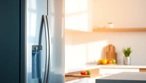 AQUA CREST Replacement for GE® RPWFE water filter showcased in a modern kitchen with a refreshing water stream.