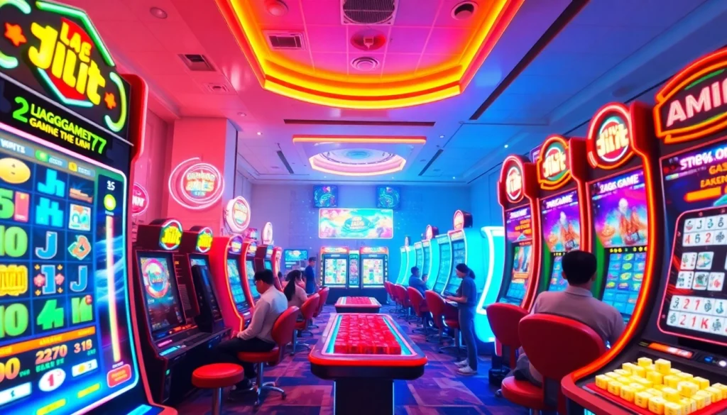 LAGAGAME77 vibrant gaming environment with players enjoying online slots and Mahjong