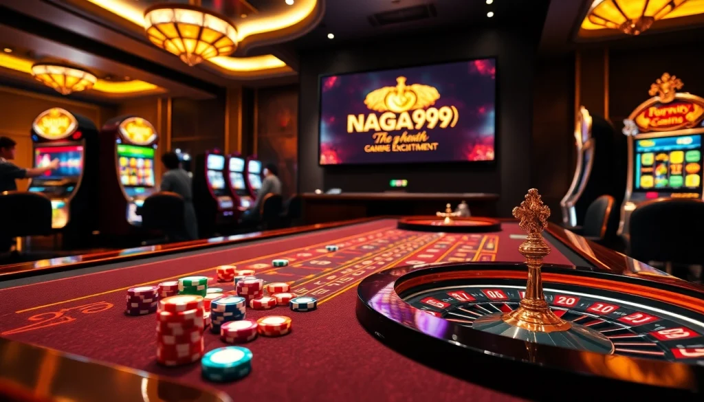 Naga99 gaming table with poker chips and roulette wheel in a luxurious casino setting