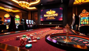 Naga99 gaming table with poker chips and roulette wheel in a luxurious casino setting