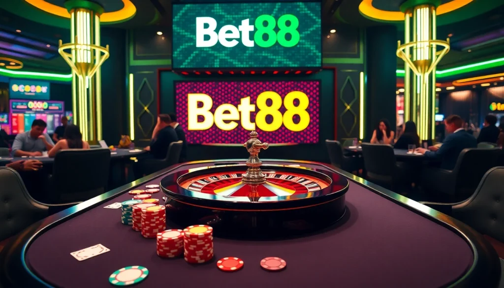 Exciting gameplay scene at Bet88 casino, featuring poker chips, cards, and a roulette wheel.