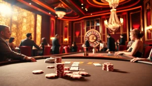 IWIN68 players enjoy thrilling poker games at an elegant casino table with vibrant décor.