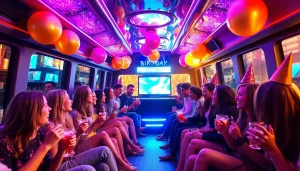 Experience the festive ambiance inside Party-Bus.co.uk, with vibrant LED lighting and joyful guests celebrating.