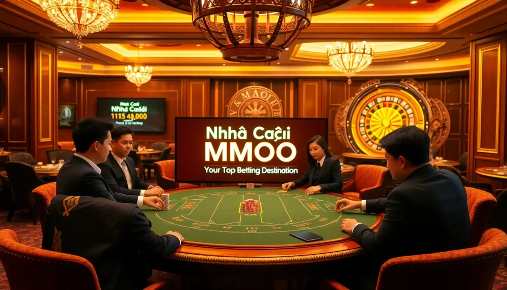Experience high-stakes poker action at Nhà Cái MMOO, featuring vibrant casino elements and professional setup.