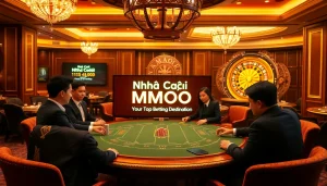 Experience high-stakes poker action at Nhà Cái MMOO, featuring vibrant casino elements and professional setup.