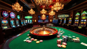 Experience the excitement of gambling at https://luckywin.fan/ with a luxurious casino scene featuring a roulette wheel, poker chips, and slots.