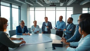 Members of a construction association collaborating on project plans in a modern conference room.