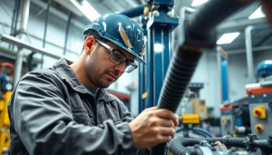 Expert performing hydraulic hose repair with focus on precision and tools in a workshop.