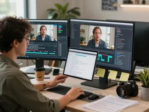 Video to prompt AI generator in action, showcasing video analysis with generated descriptions and visualizations in a tech workspace