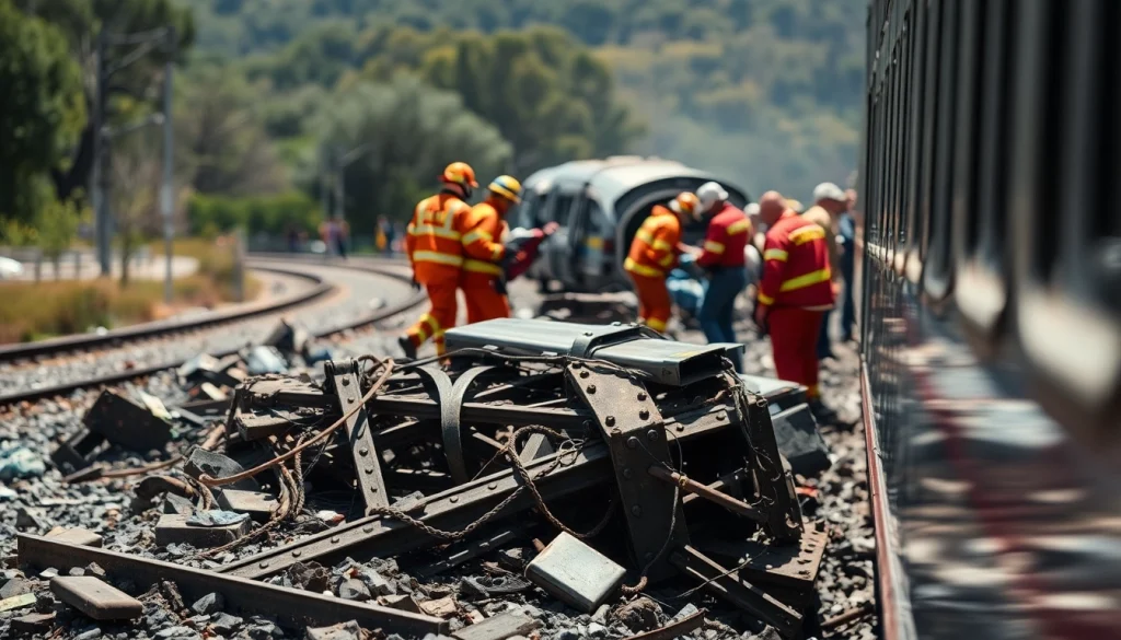 Capturing the aftermath of a spain train crash with first responders aiding victims.