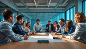 Active construction association members collaborating in a modern office setting.