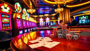 Players engaging in high-stakes gameplay at https://nk88.luxury casino tables, with vibrant slot machines in the background.